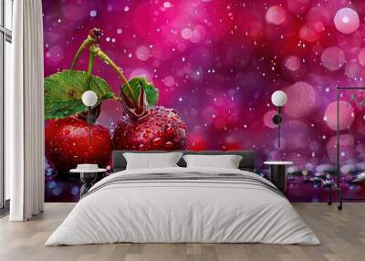   A sharp image of two cherries on a table with clear water droplets and a fuzzy background Wall mural