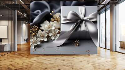  a silver gift box with a silver ribbon and some white flowers on a gray background with a silver satin ribbon and some gold and white flowers on a gray background. Wall mural