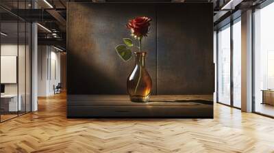  a single red rose in a glass vase on a table with a shadow of a wooden wall behind it and a wooden wall behind it.  generative ai Wall mural