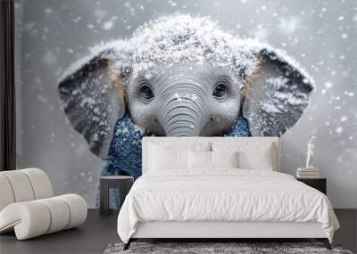   A small elephant wears a blue sweater and a snowflake on its head, standing in the snow Wall mural