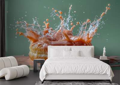   A splash of orange juice on top of an orange juice-filled donut, floating in a tranquil body of water Wall mural