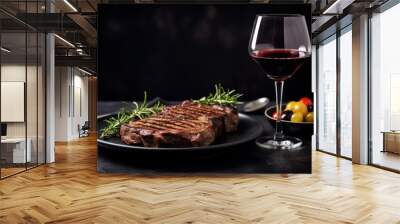  a steak on a plate next to a glass of wine and a plate of olives and tomatoes on a plate with a fork and a glass of red wine. Wall mural