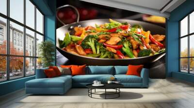  a stir fry with broccoli, peppers, and chicken in a wok on a black countertop. Wall mural