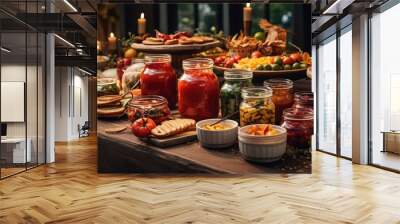  a table topped with lots of jars filled with fruit and veggies next to candles and plates of food on top of a wooden table next to a window.  generative ai Wall mural