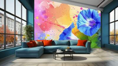  A vibrant blue blossom resting atop a verdant foliage background, with a multicolored paint-splashed backdrop Wall mural