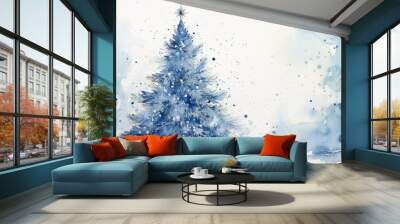  a watercolor painting of a blue christmas tree with snow flakes on the top and bottom of the tree, on a white background of blue watercolor stains. Wall mural