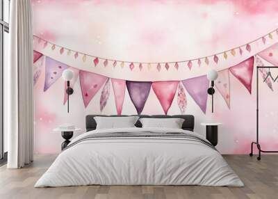  a watercolor painting of a bunting banner with pink and purple flags hanging from it's sides and a pink and white background with pink clouds and stars.  generative ai Wall mural