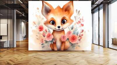  a watercolor painting of a little fox with flowers on it's chest and eyes wide open, sitting in front of a white background with pink and red flowers. Wall mural