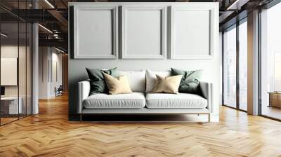  a white couch with pillows and three framed pictures on the wall above it, in a room with white walls and a white floor, with a white couch and two framed pictures on the.  generative ai Wall mural