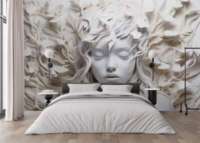  a white sculpture of a woman with her eyes closed and her hair blowing in the wind with her eyes closed and her eyes closed with her eyes closed and her eyes closed. Wall mural