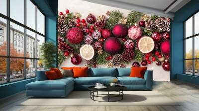   A white table adorned with an array of ornaments and a lemon resting beside a pinecone atop the table Wall mural