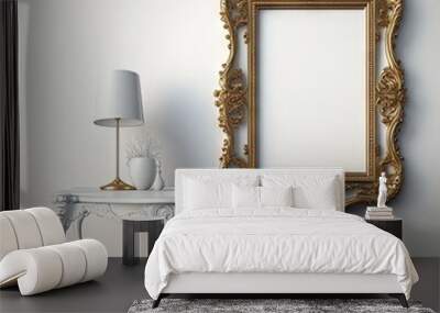  a white table with a gold framed mirror on it and a lamp on the side of it next to a white wall with a gold framed mirror on it and a white wall behind it., generative ai Wall mural