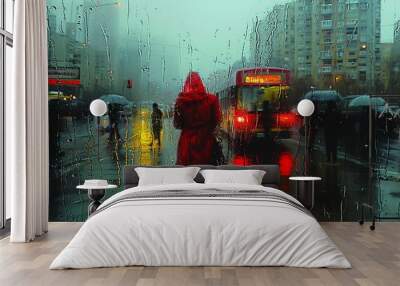   A woman in a red coat walks down the street, holding an umbrella on a rainy day Wall mural