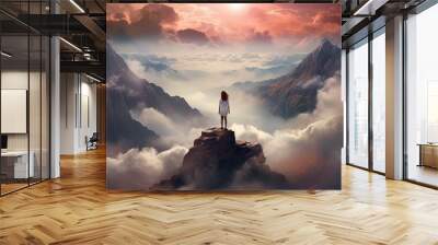  a woman standing on top of a mountain in the middle of a cloud filled sky with mountains in the background and a bright sun in the middle of the sky.  generative ai Wall mural