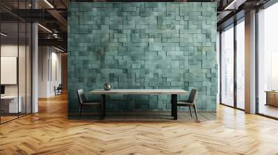  a wooden table and two chairs in front of a wall with a green brick pattern on it and a vase on top of the table. Wall mural