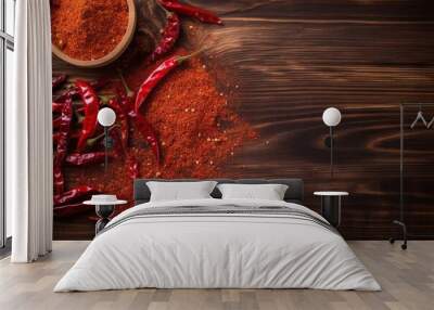  a wooden table with a bowl of red chili powder and a spoon of chili powder on top of the bowl and a spoon of chili powder on the side.  generative ai Wall mural