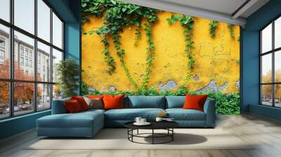   A yellow wall with green plants climbing up its side and a fire hydrant in front Wall mural