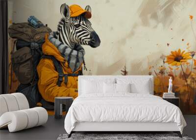   A zebra, bearing a backpack, stands in a sunflower-filled field Wall mural