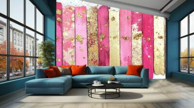   A zoomed-in image of an artwork composed of pink and gold paint, featuring glinting gold flakes Wall mural