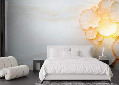   A zoomed-in photo of several oranges arranged on a white background with bright sunbeams illuminating from above Wall mural