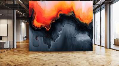  an abstract painting of orange, black, and white colors on a black and white background with a hint of red in the center of the image and bottom half of the painting. Wall mural