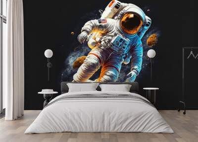  an astronaut floating in space with a black background and a red and orange object in the background, with a black background and a black background with a white outline of a space and orange. Wall mural