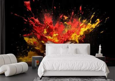  an open book with red, yellow, and orange paint splatters coming out of it on a black background. Wall mural