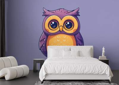  an orange and purple owl sitting on top of a purple background with drops of water on it's eyes and a purple background with a purple background with a purple background. Wall mural