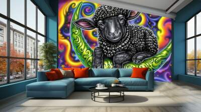   Black sheep on crescent moon with starry background Wall mural