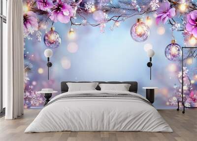   Blue background with Christmas ornaments and snowflakes hanging on the sides Wall mural