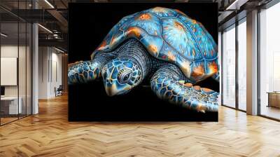   Close-up of a turtle on black background with orange and blue design on its shell Wall mural