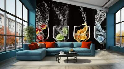  four glasses filled with different types of water and fruit are shown with splashes of water on the glasses and on the side of the glasses.  generative ai Wall mural