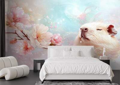   Guinea pig on a tree branch with pink flowers & blue sky Wall mural