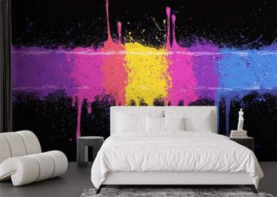  Multicolored paint splatters on black background with central blue stripe Wall mural