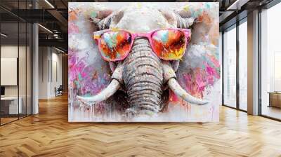   Painting of elephant in sunglasses with paint splatters on its face and trunk Wall mural