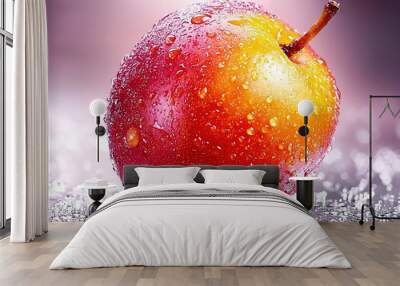   Red apple on dripping table, pink-purple background Wall mural