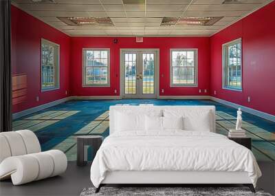   Red walls, two windows, blue checkered floor Wall mural