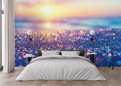    the sunset on a blue-green water body with orange and pink bubbles in the foreground Wall mural