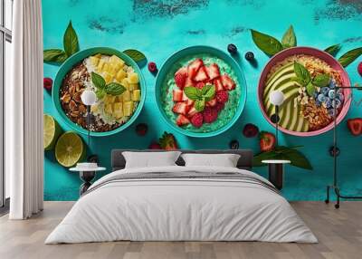  three bowls of fruit and cereal on a blue surface with leaves and fruit on the side of the bowls and a lemon slice on the side.  generative ai Wall mural