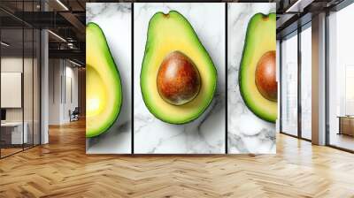   Three images of an avocado halved on a marble countertop, featuring a whole avocado at its center Wall mural