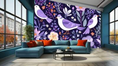  two birds sitting on a branch surrounded by flowers and leaves on a purple background with pink, purple, and white flowers and leaves on the bottom.  generative ai Wall mural