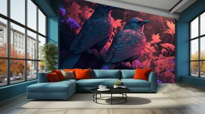  two birds sitting on a branch with purple flowers in the background and a red sky in the background with red leaves and branches in the foreground, and a red and blue sky with. generative ai Wall mural