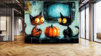   Two cats lounge on a table before a TV, surrounded by pumpkins Wall mural