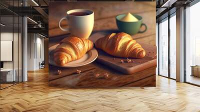  two croissants sitting on a plate next to a cup of coffee and a spoon on a wooden table with a wooden board.  generative ai Wall mural