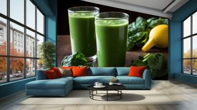  two glasses of green smoothie sitting on a table next to a lemon and some spinach on the table. Wall mural