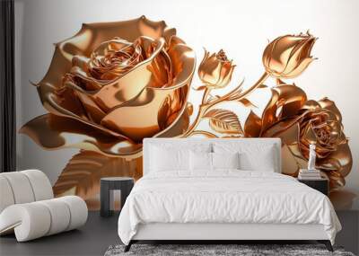  two gold roses with leaves on a white background with a reflection in the water and a reflection of the rose in the water on the right side of the image.  generative ai Wall mural