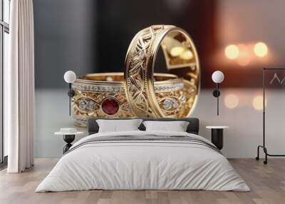  two gold wedding rings with a red stone in the middle of the band and a white diamond in the middle of the band on a reflective surface.  generative ai Wall mural