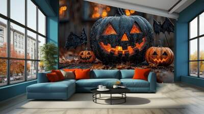   Two Jack-o'-lantern pumpkins rest atop a wooden floor, accompanied by bats emerging from them Wall mural