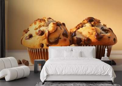  two muffins with chocolate chips on top of them.  generative ai Wall mural