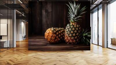  two pineapples sitting next to each other on a wooden table with a dark background and a wood paneled wall in the background.  generative ai Wall mural